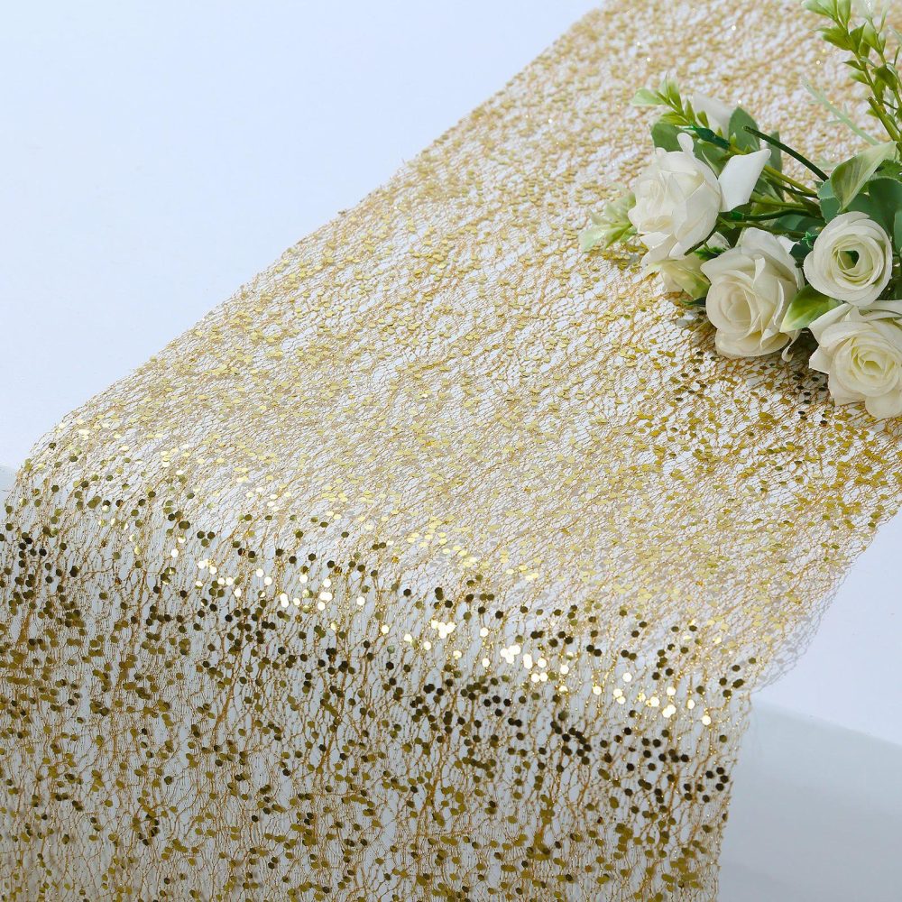 Metallic Gold Sequin Mesh Polyester Table Runner – 11″x108″  |   Stylish Stylish Metallic Gold