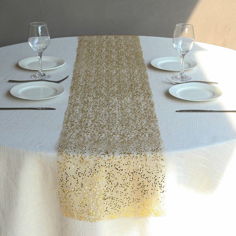 Metallic Gold Sequin Mesh Polyester Table Runner – 11″x108″  |   Stylish Stylish Metallic Gold