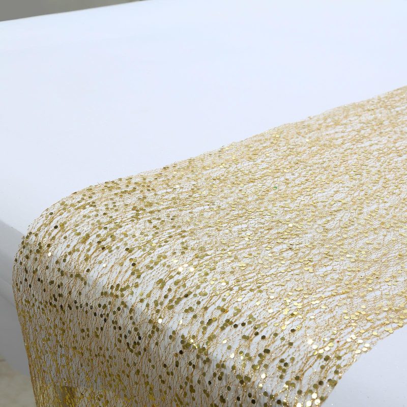 Metallic Gold Sequin Mesh Polyester Table Runner – 11″x108″  |   Stylish Stylish Metallic Gold