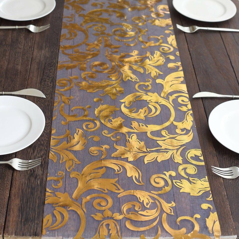 Metallic Gold Sheer Organza Table Runner With Swirl Foil Floral Design – 12″x108″  |   Stylish Stylish Metallic Gold