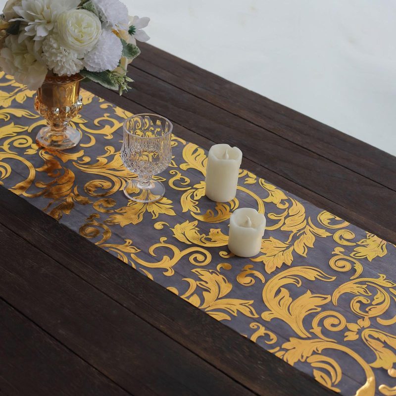 Metallic Gold Sheer Organza Table Runner With Swirl Foil Floral Design – 12″x108″  |   Stylish Stylish Metallic Gold