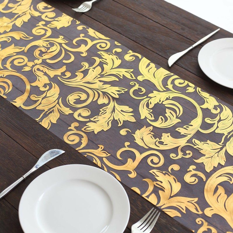 Metallic Gold Sheer Organza Table Runner With Swirl Foil Floral Design – 12″x108″  |   Stylish Stylish Metallic Gold