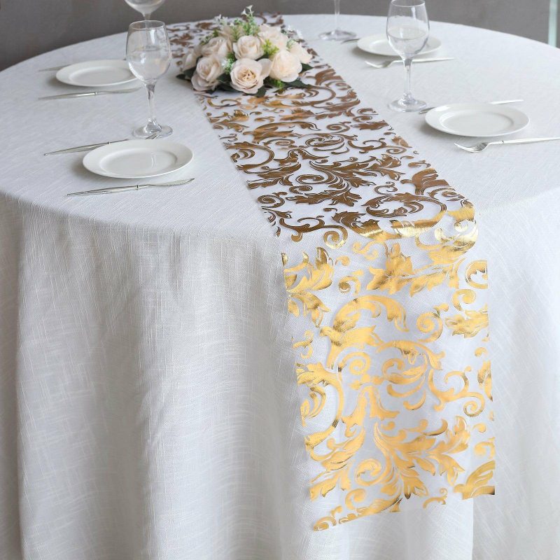 Metallic Gold Sheer Organza Table Runner With Swirl Foil Floral Design – 12″x108″  |   Stylish Stylish Metallic Gold