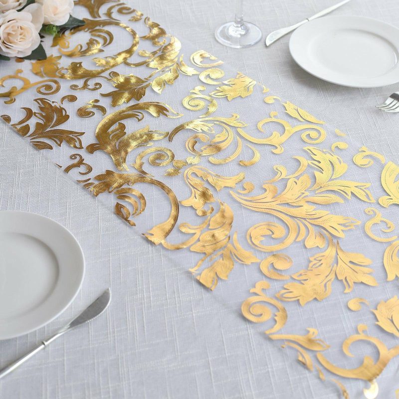 Metallic Gold Sheer Organza Table Runner With Swirl Foil Floral Design – 12″x108″  |   Stylish Stylish Metallic Gold