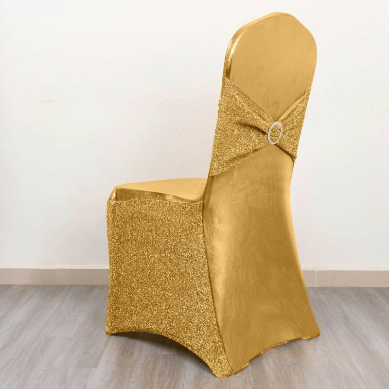 Metallic Gold Shimmer Tinsel Spandex Banquet Chair Cover With Attached Sash Band and Round Silver Rhinestone Buckle  |   Spandex Fitted Banquet Chair Covers Gold