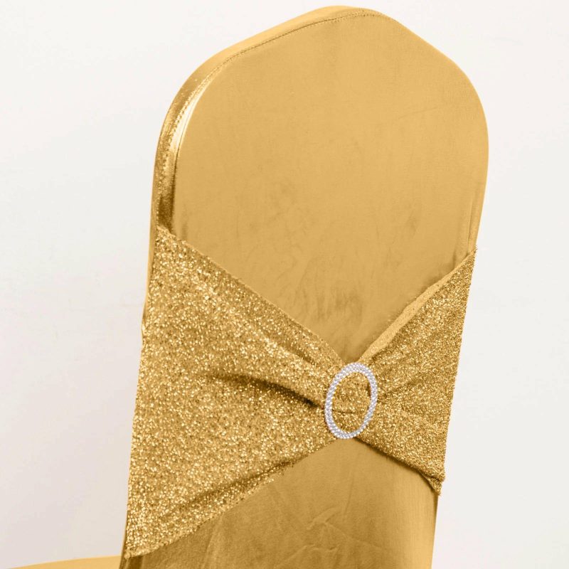 Metallic Gold Shimmer Tinsel Spandex Banquet Chair Cover With Attached Sash Band and Round Silver Rhinestone Buckle  |   Spandex Fitted Banquet Chair Covers Gold