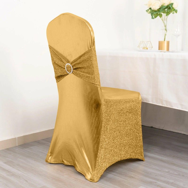 Metallic Gold Shimmer Tinsel Spandex Banquet Chair Cover With Attached Sash Band and Round Silver Rhinestone Buckle  |   Spandex Fitted Banquet Chair Covers Gold