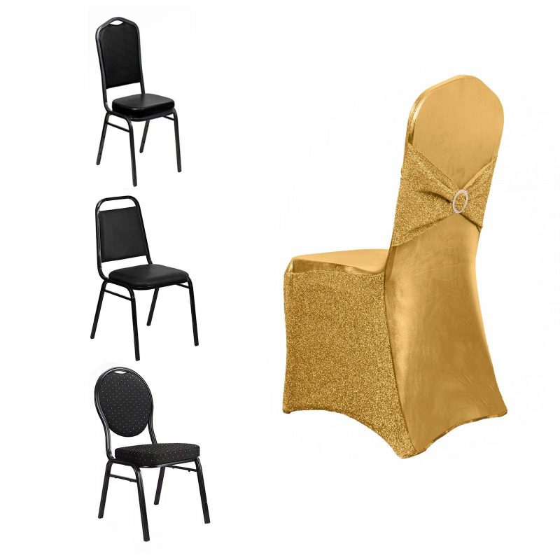 Metallic Gold Shimmer Tinsel Spandex Banquet Chair Cover With Attached Sash Band and Round Silver Rhinestone Buckle  |   Spandex Fitted Banquet Chair Covers Gold