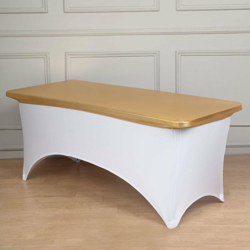 Metallic Gold Spandex Stretch Fitted Banquet Table Top Cover 6ft Wrinkle Free Fitted Table Cover for 72″x30″ Tables  |   Spandex & Fitted Spandex & Fitted Gold