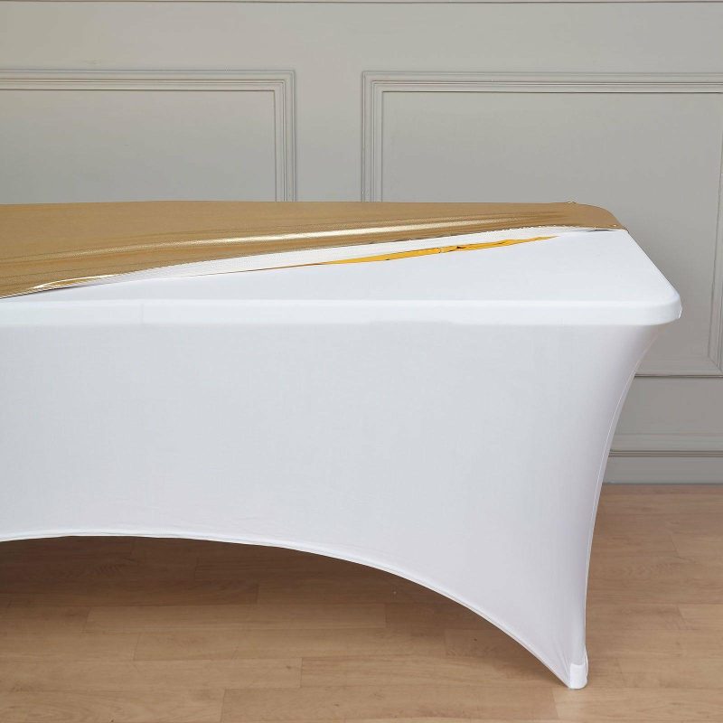 Metallic Gold Spandex Stretch Fitted Banquet Table Top Cover 6ft Wrinkle Free Fitted Table Cover for 72″x30″ Tables  |   Spandex & Fitted Spandex & Fitted Gold