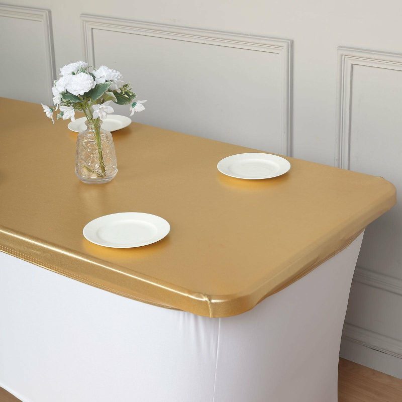 Metallic Gold Spandex Stretch Fitted Banquet Table Top Cover 6ft Wrinkle Free Fitted Table Cover for 72″x30″ Tables  |   Spandex & Fitted Spandex & Fitted Gold