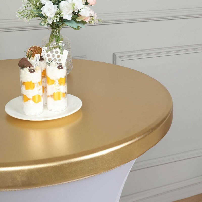 Metallic Gold Spandex Stretch Fitted Cocktail Table Top Cover  |   Spandex & Fitted Spandex & Fitted Gold