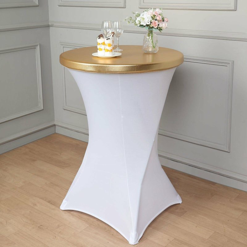 Metallic Gold Spandex Stretch Fitted Cocktail Table Top Cover  |   Spandex & Fitted Spandex & Fitted Gold