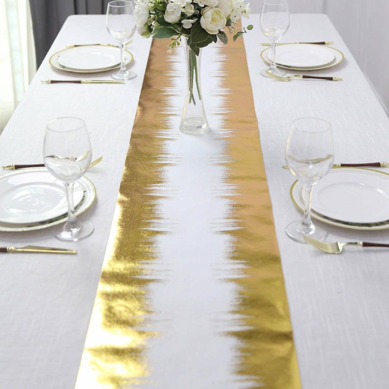 Metallic Gold / White Icicle Print Non-Woven Foil Table Runner 108″  |   Stylish Stylish Stylish