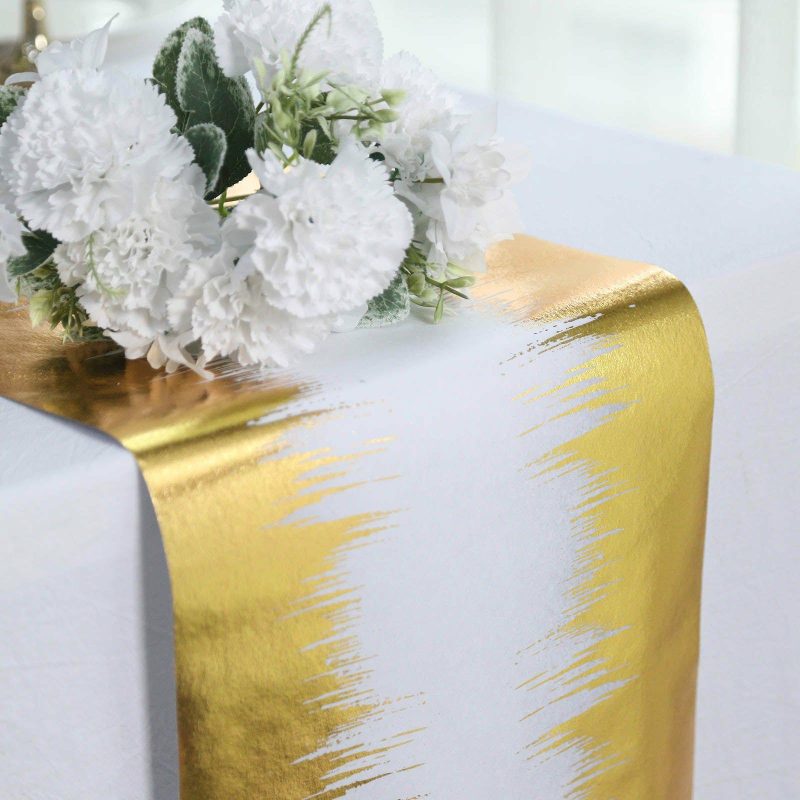 Metallic Gold / White Icicle Print Non-Woven Foil Table Runner 108″  |   Stylish Stylish Stylish