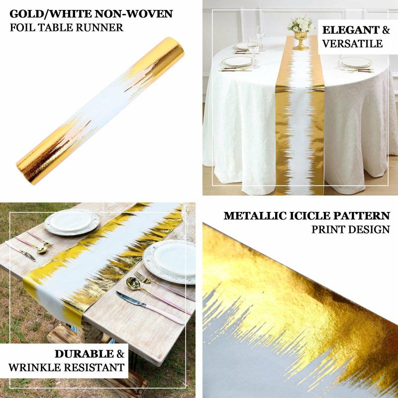 Metallic Gold / White Icicle Print Non-Woven Foil Table Runner 108″  |   Stylish Stylish Stylish