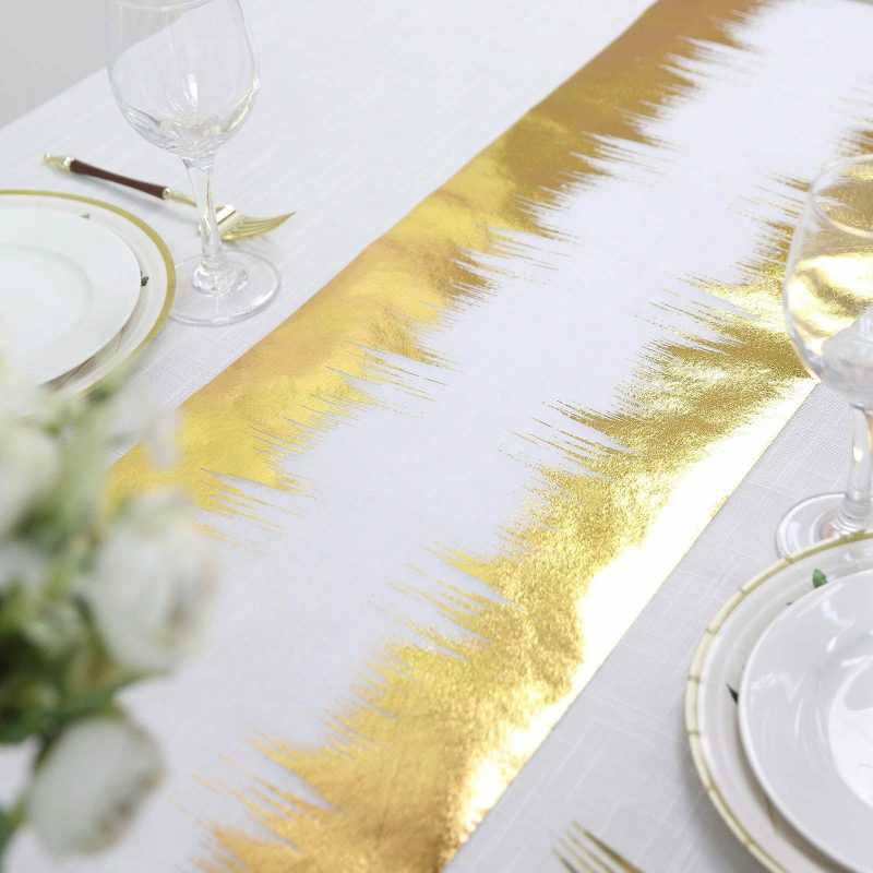 Metallic Gold / White Icicle Print Non-Woven Foil Table Runner 108″  |   Stylish Stylish Stylish