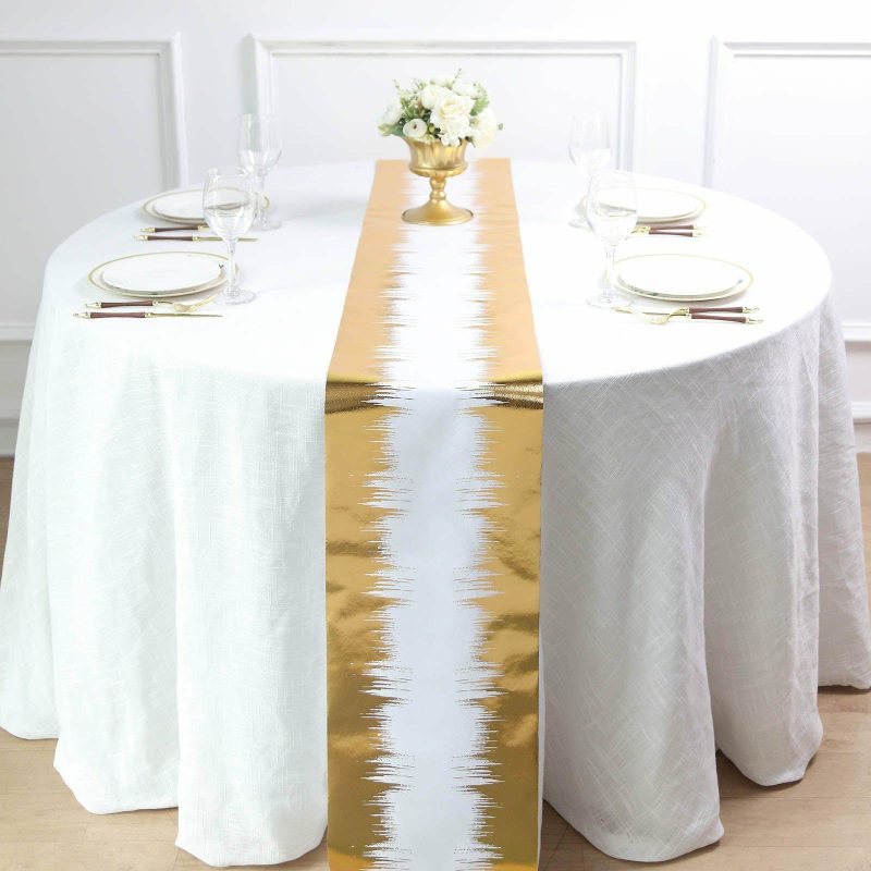 Metallic Gold / White Icicle Print Non-Woven Foil Table Runner 108″  |   Stylish Stylish Stylish