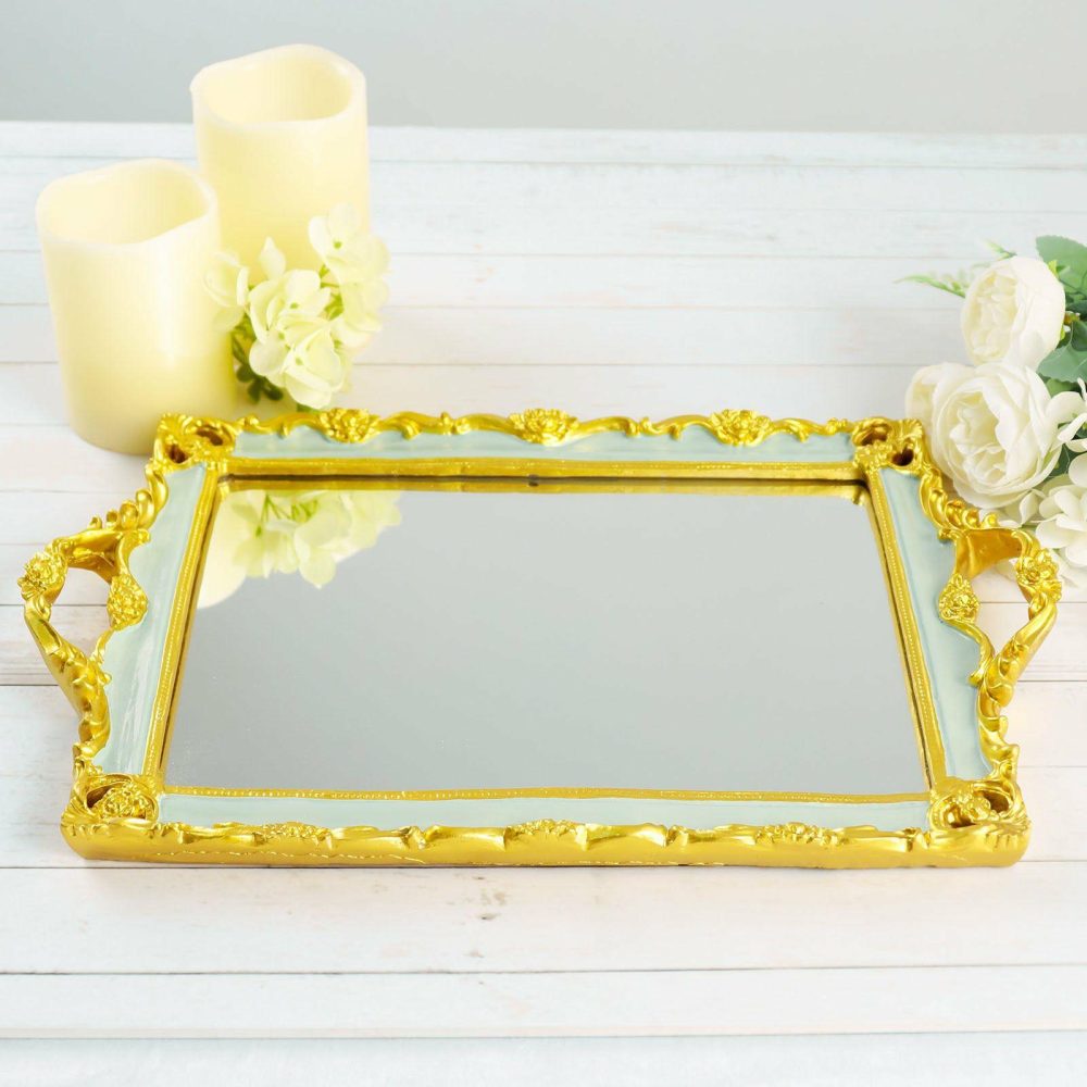 Metallic Gold/Mint Green Resin Decorative Vanity Serving Tray, Rectangle Mirrored Tray 15″x10″  |   Servingwares Disposable Plates Gold/Mint green