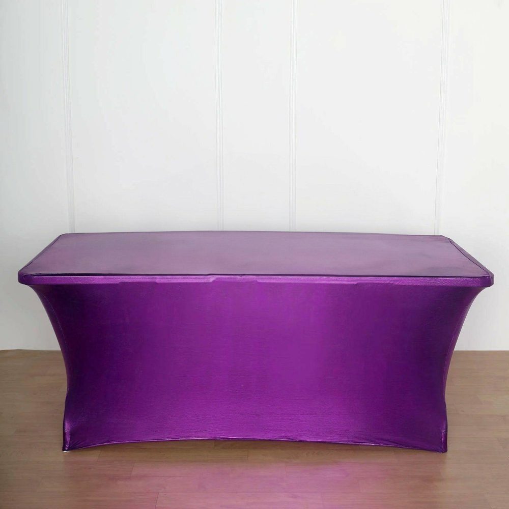 Metallic Purple Stretch Spandex Rectangle Tablecloth 6ft Wrinkle Free Fitted Table Cover for 72″x30″ Tables  |   Spandex & Fitted Spandex & Fitted Purple