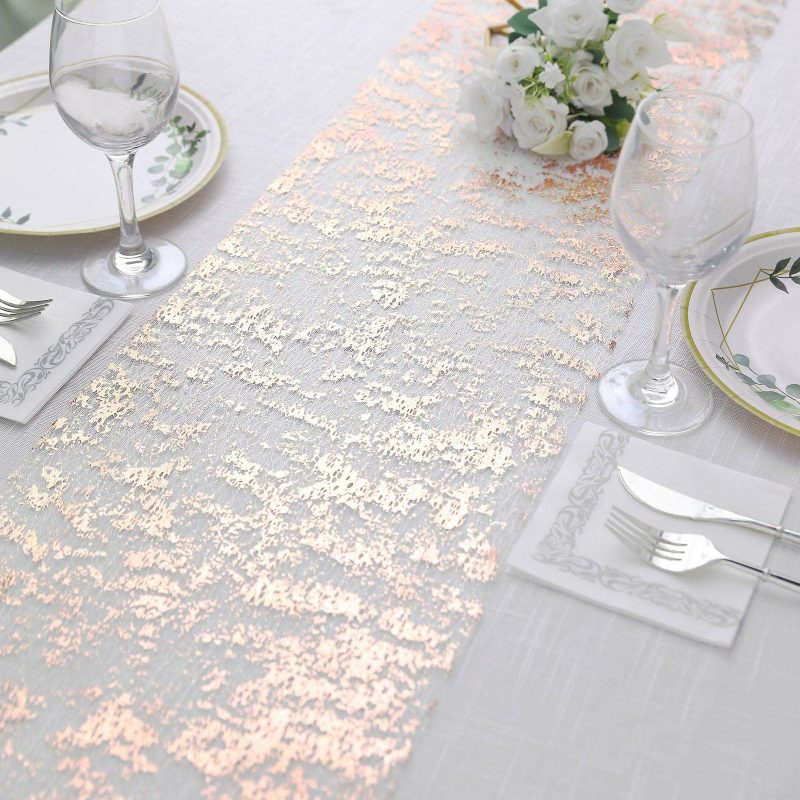 Metallic Rose Gold Foil Thin Mesh Polyester Table Runner 25GSM 108″  |   Stylish Stylish Metallic Rose Gold