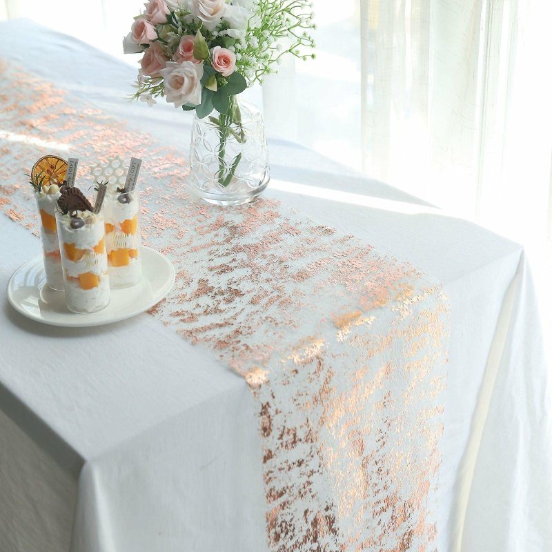 Metallic Rose Gold Foil Thin Mesh Polyester Table Runner 25GSM 108″  |   Stylish Stylish Metallic Rose Gold