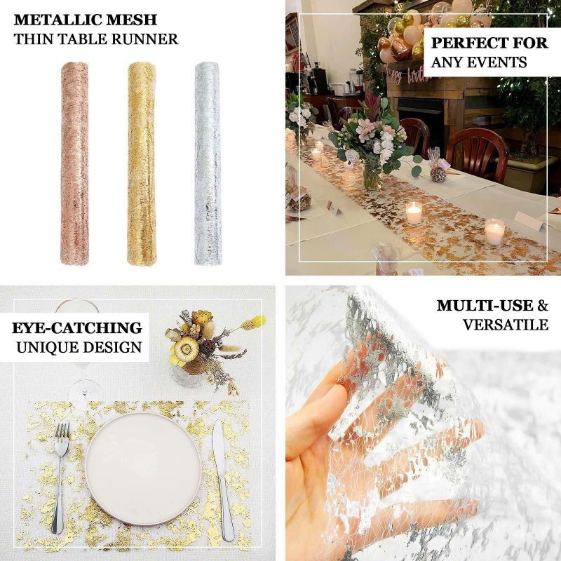 Metallic Rose Gold Foil Thin Mesh Polyester Table Runner 25GSM 108″  |   Stylish Stylish Metallic Rose Gold