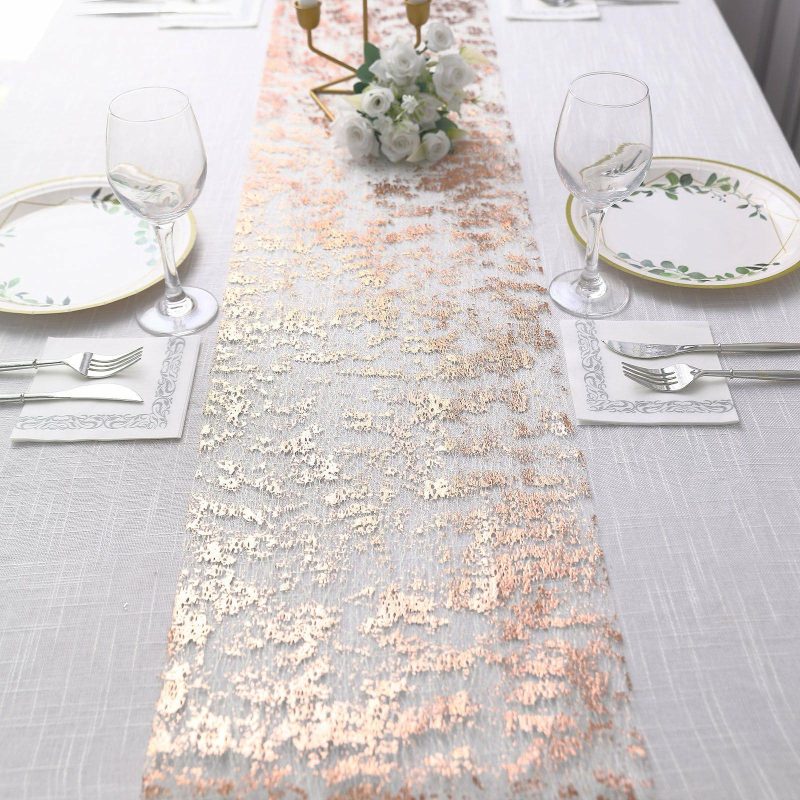 Metallic Rose Gold Foil Thin Mesh Polyester Table Runner 25GSM 108″  |   Stylish Stylish Metallic Rose Gold