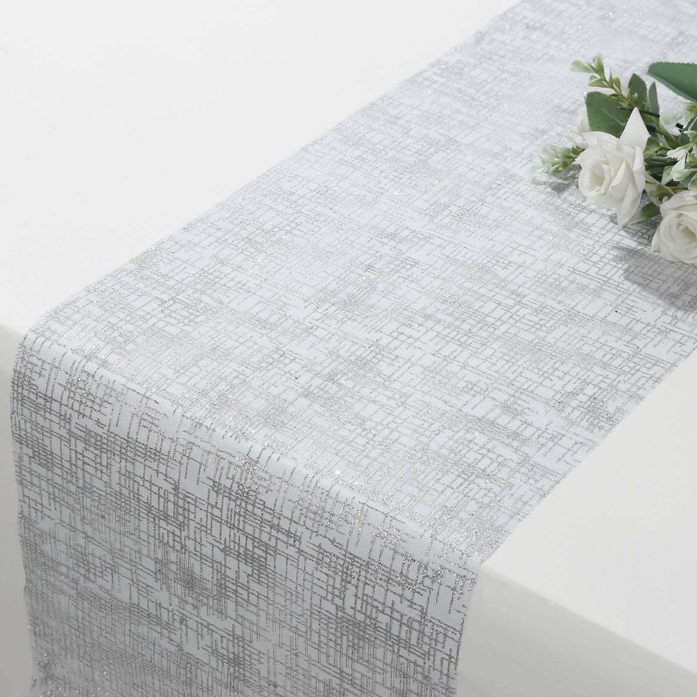 Metallic Silver Glitter Mesh Polyester Table Runner – 11″x108″  |   Stylish Stylish Metallic Silver