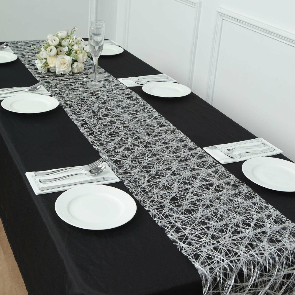 Metallic Silver Non-Woven Fiberweb Polyester Table Runner 50 GSM 12″x108″  |   Stylish Stylish Metallic Silver