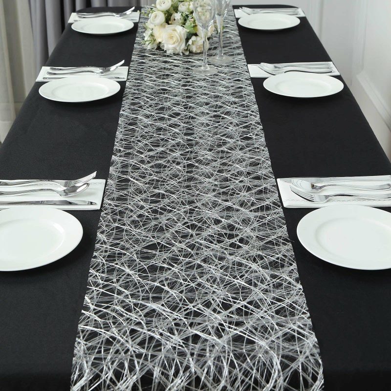 Metallic Silver Non-Woven Fiberweb Polyester Table Runner 50 GSM 12″x108″  |   Stylish Stylish Metallic Silver