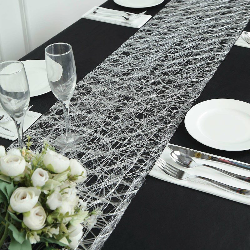 Metallic Silver Non-Woven Fiberweb Polyester Table Runner 50 GSM 12″x108″  |   Stylish Stylish Metallic Silver