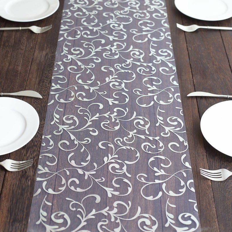 Metallic Silver Sheer Organza Table Runner With Embossed Foil Floral Design – 12″x108″  |   Stylish Stylish Metallic Silver