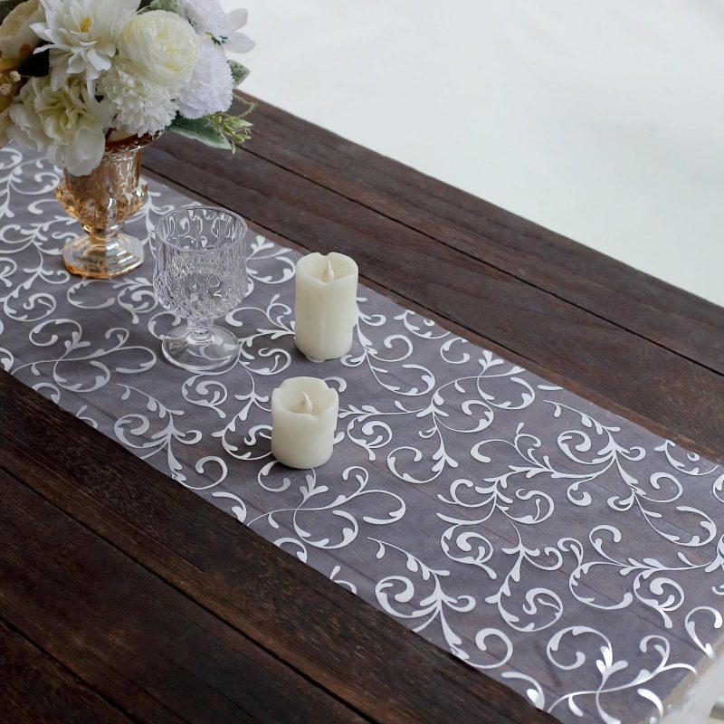 Metallic Silver Sheer Organza Table Runner With Embossed Foil Floral Design – 12″x108″  |   Stylish Stylish Metallic Silver