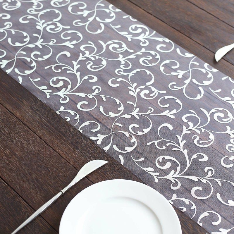 Metallic Silver Sheer Organza Table Runner With Embossed Foil Floral Design – 12″x108″  |   Stylish Stylish Metallic Silver