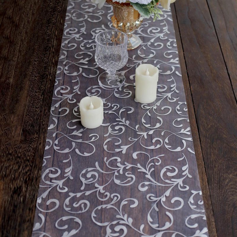 Metallic Silver Sheer Organza Table Runner With Embossed Foil Floral Design – 12″x108″  |   Stylish Stylish Metallic Silver