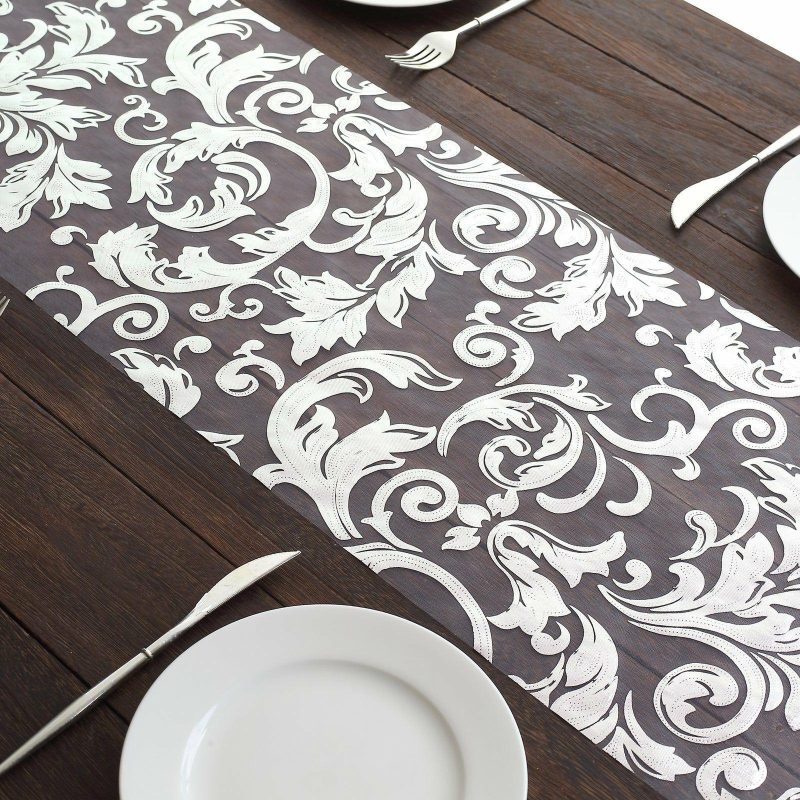 Metallic Silver Sheer Organza Table Runner With Swirl Foil Floral Design – 12″x108″  |   Stylish Stylish Metallic Silver