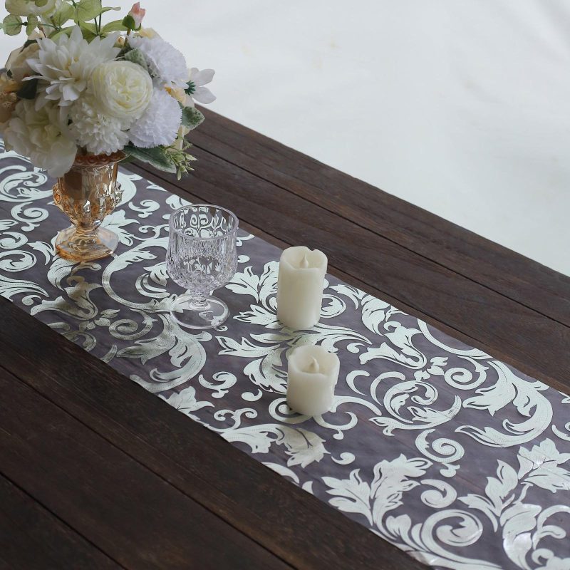 Metallic Silver Sheer Organza Table Runner With Swirl Foil Floral Design – 12″x108″  |   Stylish Stylish Metallic Silver