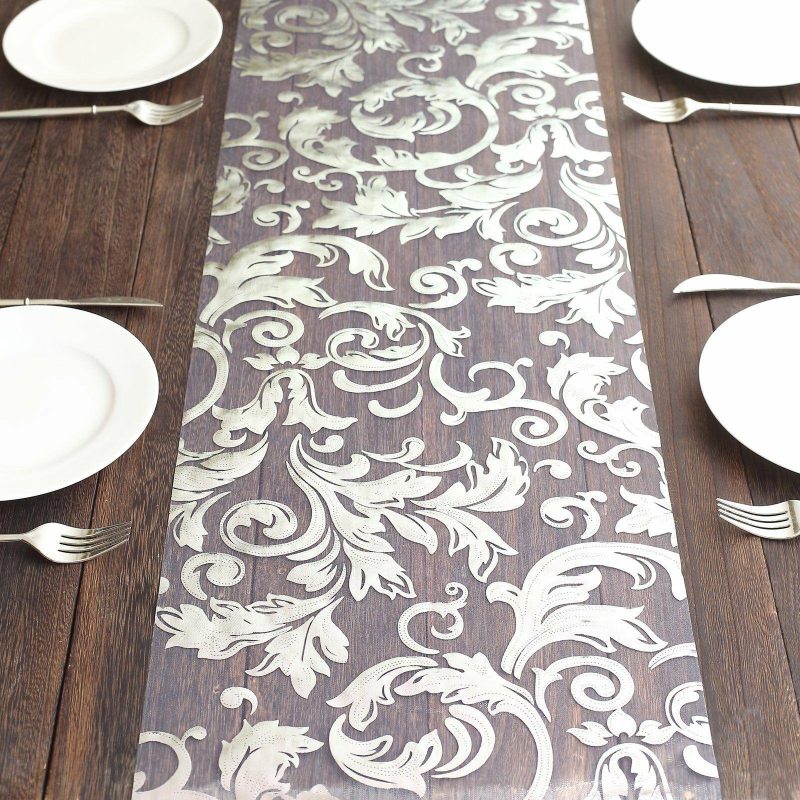 Metallic Silver Sheer Organza Table Runner With Swirl Foil Floral Design – 12″x108″  |   Stylish Stylish Metallic Silver