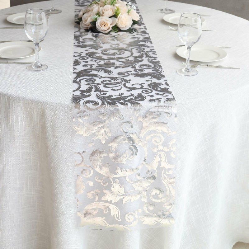 Metallic Silver Sheer Organza Table Runner With Swirl Foil Floral Design – 12″x108″  |   Stylish Stylish Metallic Silver