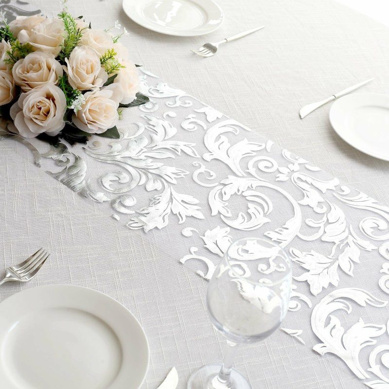 Metallic Silver Sheer Organza Table Runner With Swirl Foil Floral Design – 12″x108″  |   Stylish Stylish Metallic Silver