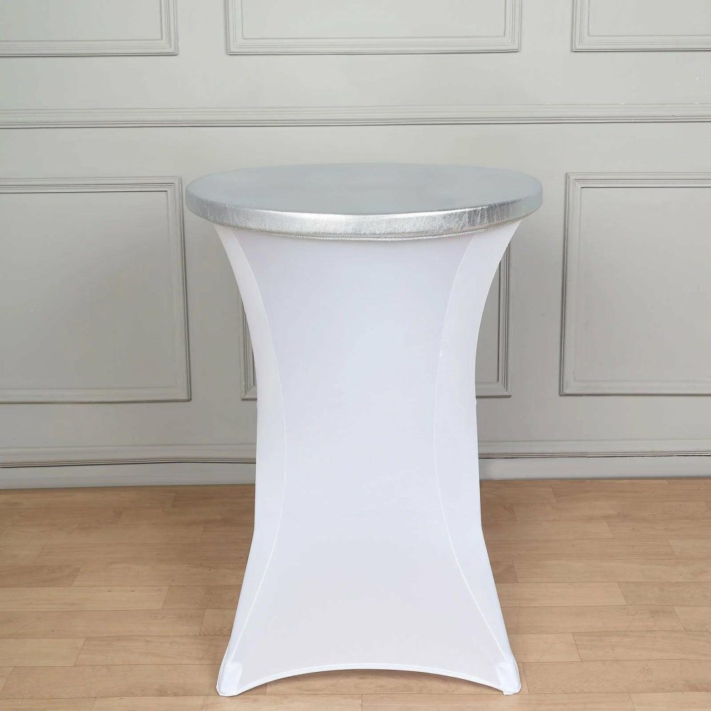 Metallic Silver Spandex Stretch Fitted Cocktail Table Top Cover  |   Spandex & Fitted Spandex & Fitted Silver