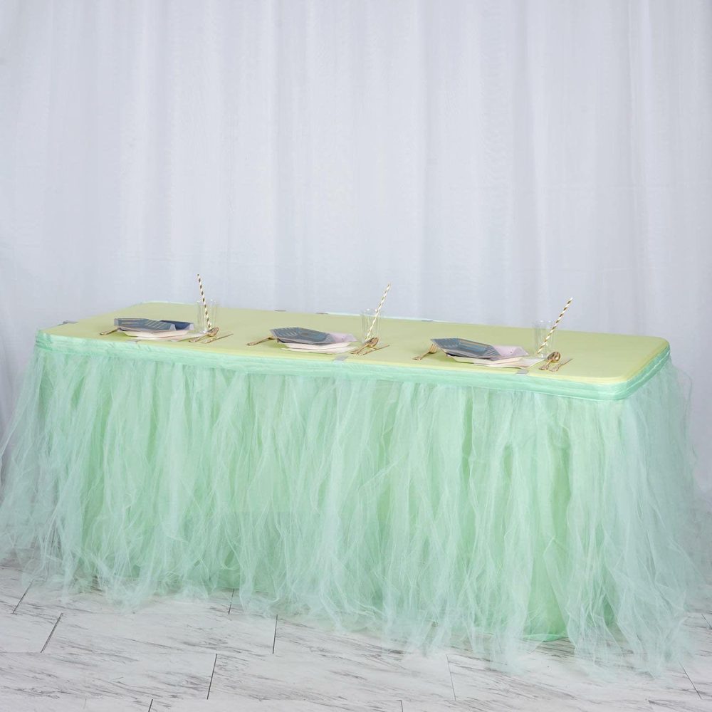 Mint Green 4 Layer Tulle Tutu Pleated Table Skirt 14ft  |   Ruffled Tulle Ruffled Tulle Mint green/Tea green