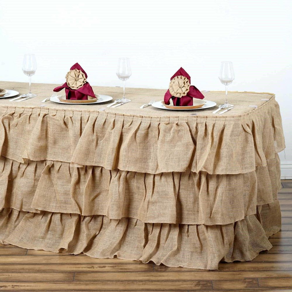 Natural 3 Tier Rustic Elegant Ruffled Burlap Table Skirt 14ft  |   Jute Burlap & Lace Jute Burlap & Lace Jute Burlap & Lace