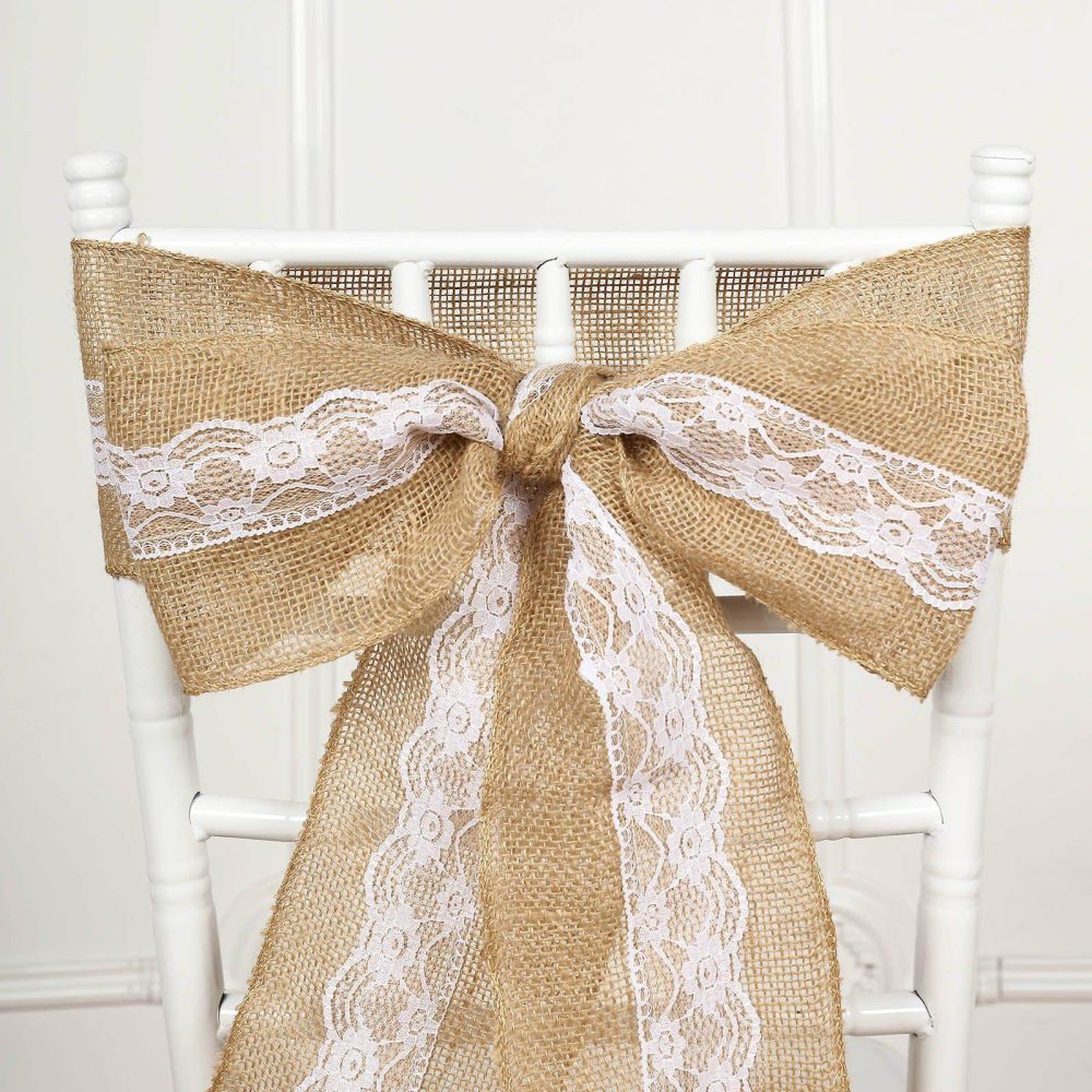 Natural Burlap Lace Chair Sash, Hessian Fabric Rustic Jute Chair Bow 5″x108″  |   Jute Burlap & Lace Chair Sashes Jute Burlap & Lace