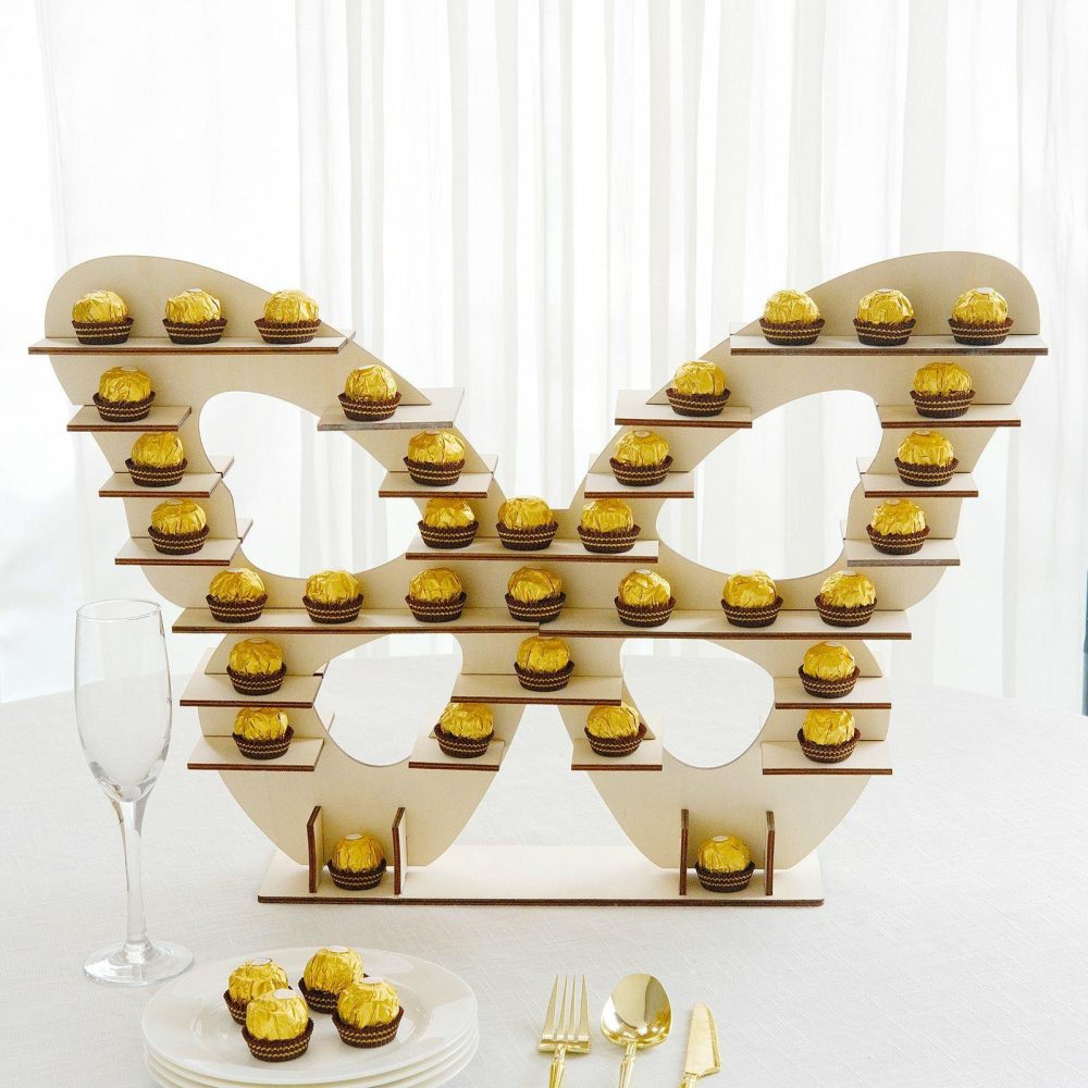 Natural Butterfly Shaped Wooden Dessert Display Stand, 7-Tier Double Sided Cupcake Holder Shelf Rack – 25″  |   Servingwares Disposable Plates 7 Tier Double Sided in Butterfly Design