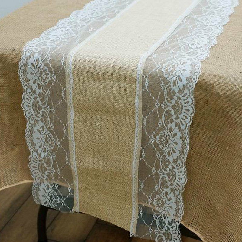 Natural Jute Burlap Table Runner With White Lace Edges 16″x108″  |   Jute Burlap & Lace Jute Burlap & Lace Jute Burlap & Lace