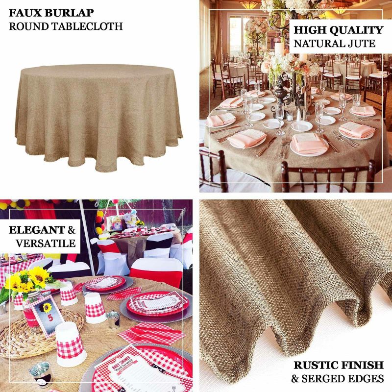 Natural Jute Seamless Faux Burlap Round Tablecloth Boho Chic Table Decor 90″  |   Jute Burlap & Lace Jute Burlap & Lace Jute Burlap & Lace