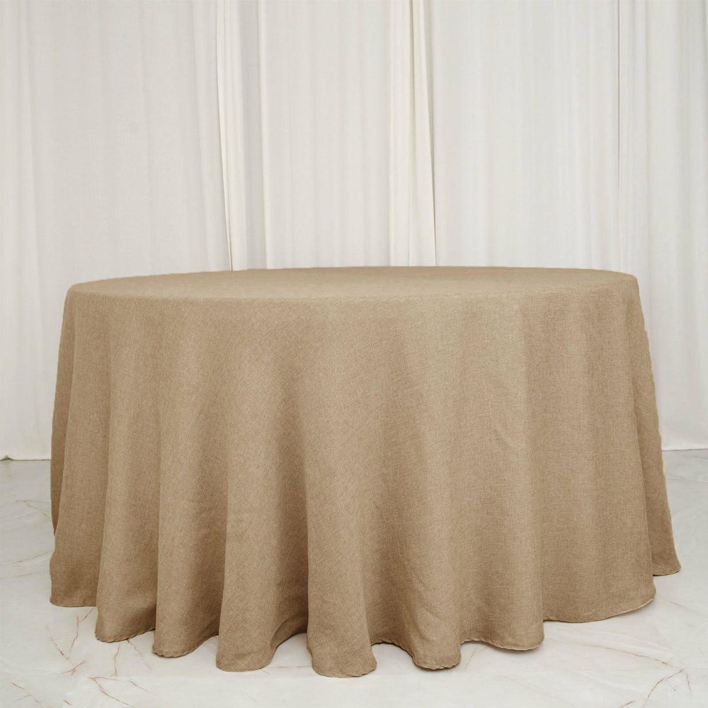 Natural Jute Seamless Faux Burlap Round Tablecloth Boho Chic Table Linen 108″  |   Jute Burlap & Lace Jute Burlap & Lace Jute Burlap & Lace