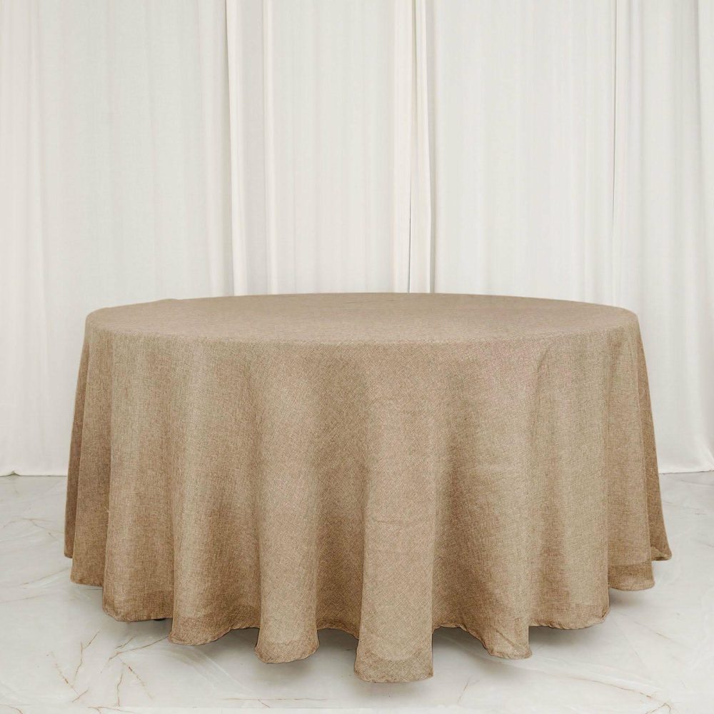 Natural Jute Seamless Faux Burlap Round Tablecloth Boho Chic Table Linen 120″ for 5 Foot Table With Floor-Length Drop  |   Jute Burlap & Lace Jute Burlap & Lace Jute Burlap & Lace